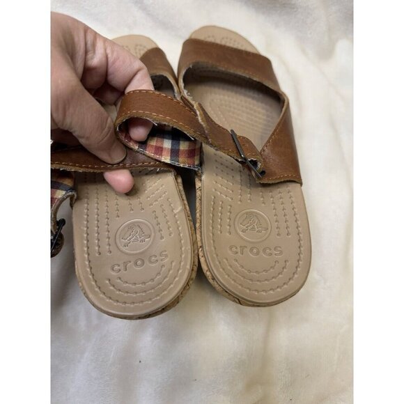 CROCS A-Leigh Brown Leather Slingback Strap Cork Wedge Sandals Size 10 - Picture 12 of 12